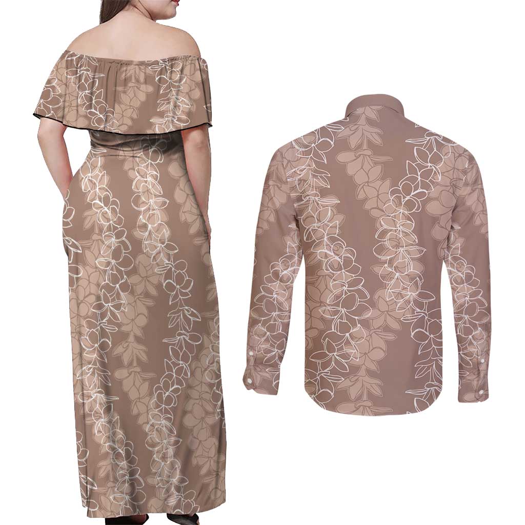 Hawaii Plumeria Lei Couples Matching Off Shoulder Maxi Dress and Long Sleeve Button Shirt Aloha Festive Vibe - Beige