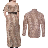 Hawaii Plumeria Lei Couples Matching Off Shoulder Maxi Dress and Long Sleeve Button Shirt Aloha Festive Vibe - Beige