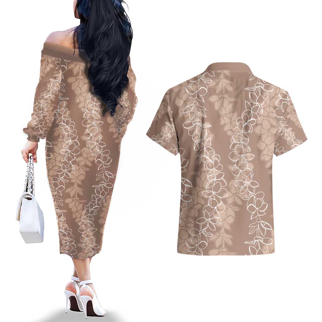 Hawaii Plumeria Lei Couples Matching Off The Shoulder Long Sleeve Dress and Hawaiian Shirt Aloha Festive Vibe - Beige LT7 - Polynesian Pride