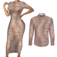 Hawaii Plumeria Lei Couples Matching Short Sleeve Bodycon Dress and Long Sleeve Button Shirt Aloha Festive Vibe - Beige
