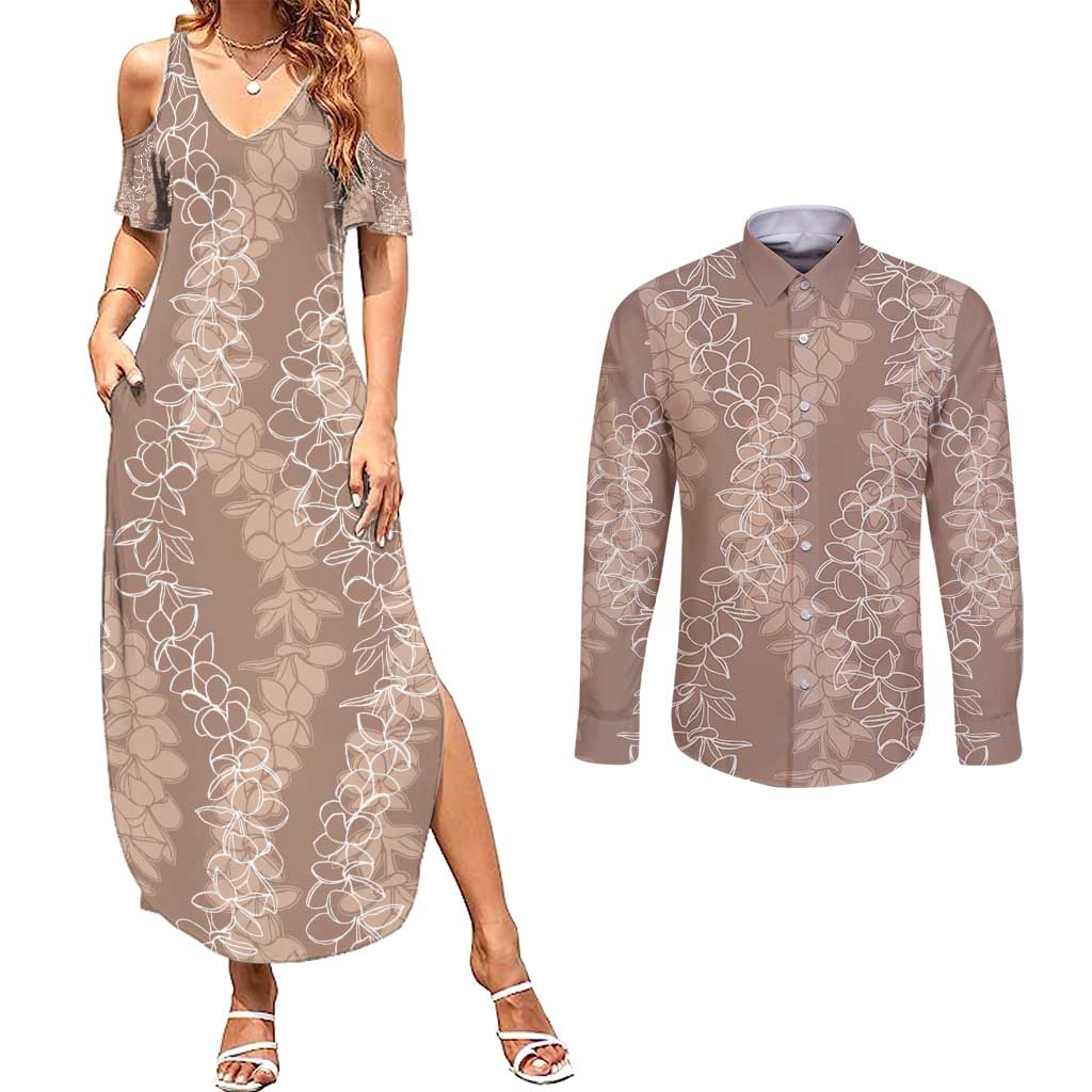 Hawaii Plumeria Lei Couples Matching Summer Maxi Dress and Long Sleeve Button Shirt Aloha Festive Vibe - Beige