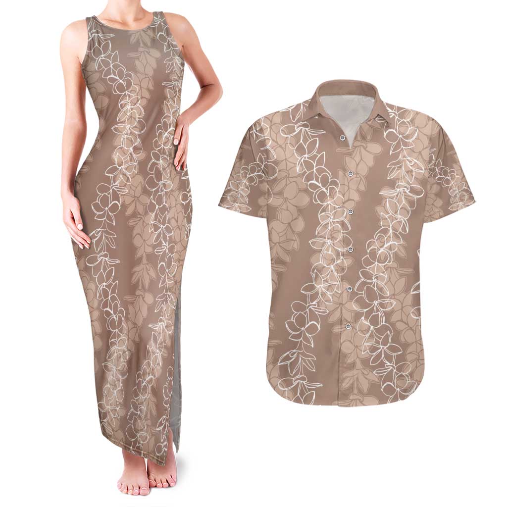 Hawaii Plumeria Lei Couples Matching Tank Maxi Dress and Hawaiian Shirt Aloha Festive Vibe - Beige