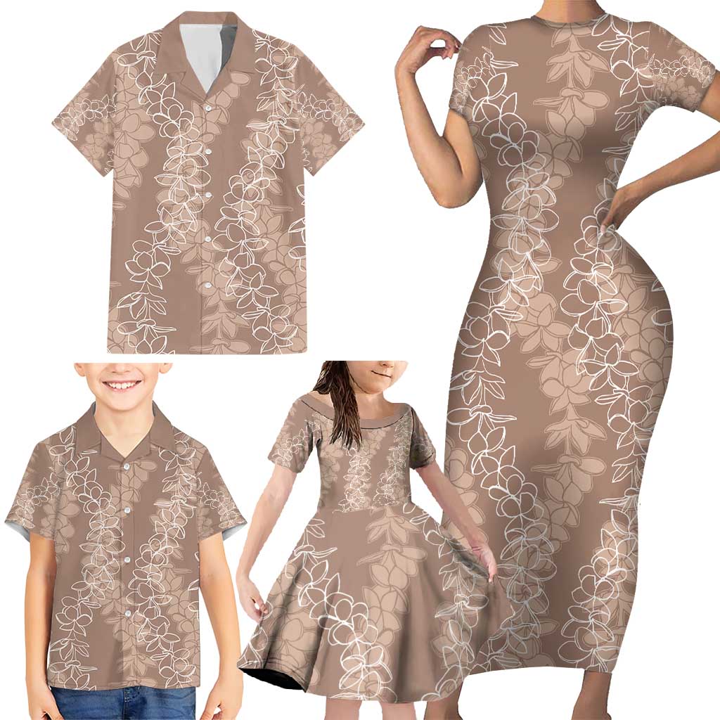 Hawaii Plumeria Lei Family Matching Short Sleeve Bodycon Dress and Hawaiian Shirt Aloha Festive Vibe - Beige LT7 - Polynesian Pride