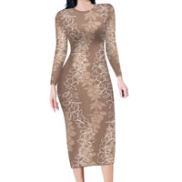 Hawaii Plumeria Lei Long Sleeve Bodycon Dress Aloha Festive Vibe - Beige LT7 Long Dress Beige - Polynesian Pride