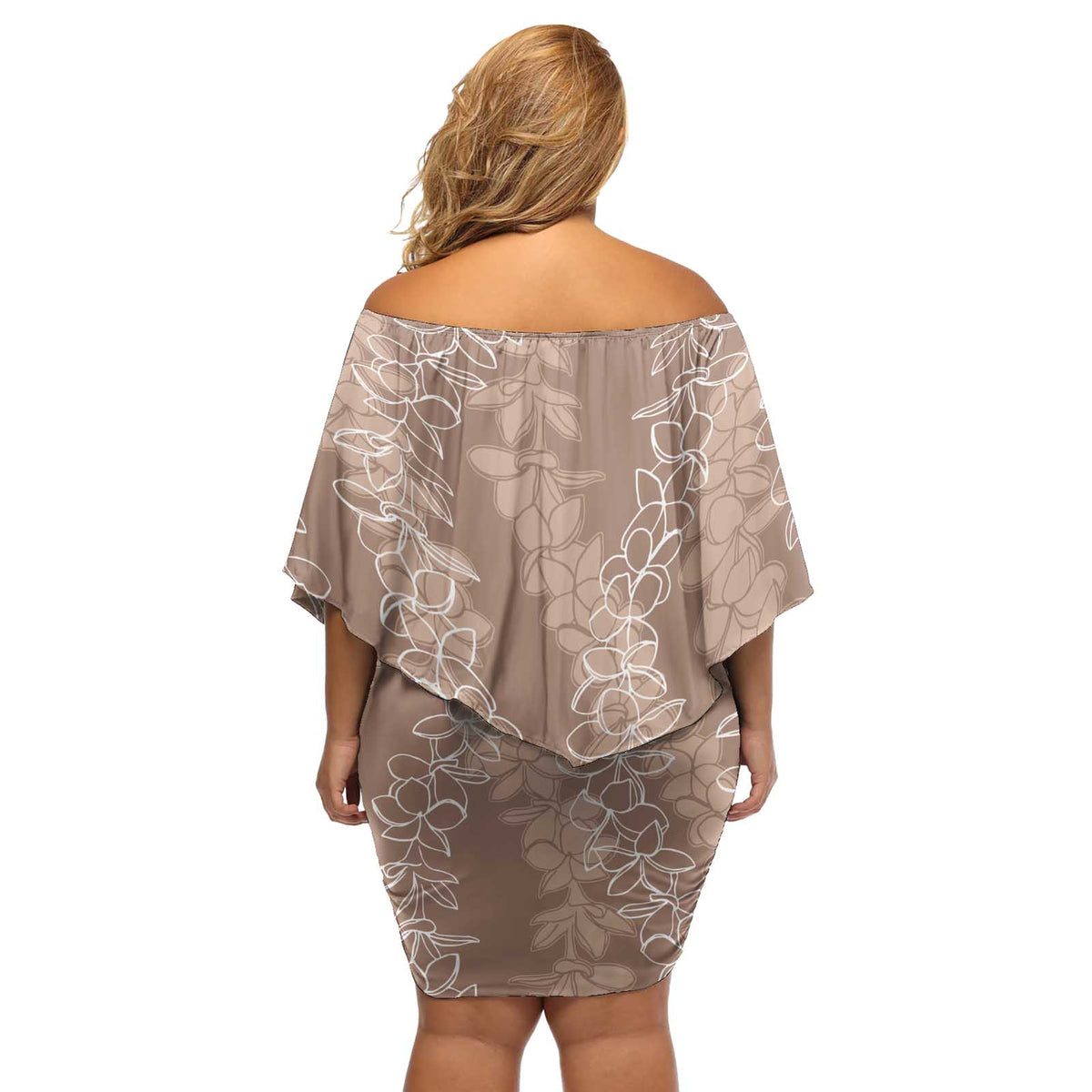 Hawaii Plumeria Lei Off Shoulder Short Dress Aloha Festive Vibe - Beige