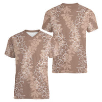Hawaii Plumeria Lei Women V-Neck T-Shirt Aloha Festive Vibe - Beige