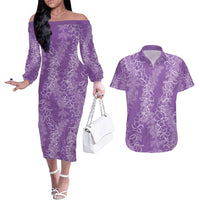 Hawaii Plumeria Lei Couples Matching Off The Shoulder Long Sleeve Dress and Hawaiian Shirt Aloha Festive Vibe - Violet LT7 Violet - Polynesian Pride
