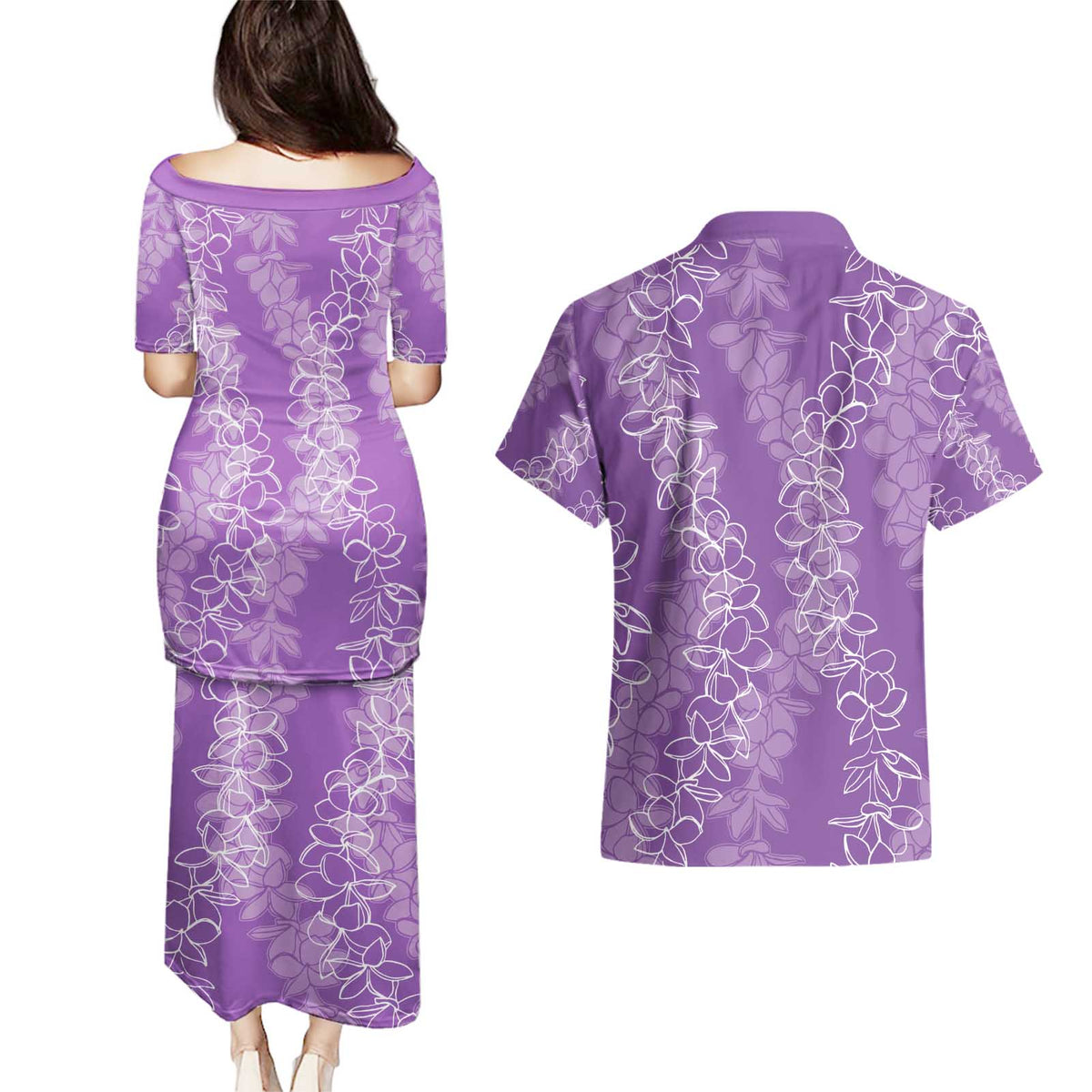 Hawaii Plumeria Lei Couples Matching Puletasi and Hawaiian Shirt Aloha Festive Vibe - Violet