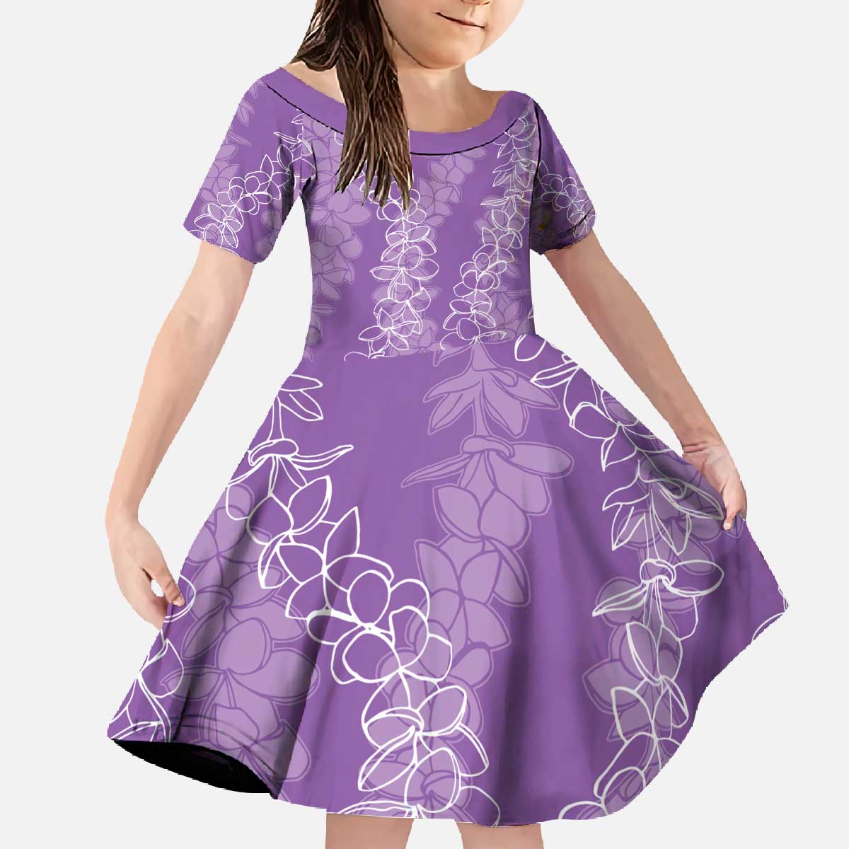Hawaii Plumeria Lei Family Matching Off The Shoulder Long Sleeve Dress and Hawaiian Shirt Aloha Festive Vibe - Violet LT7 Daughter's Dress Violet - Polynesian Pride