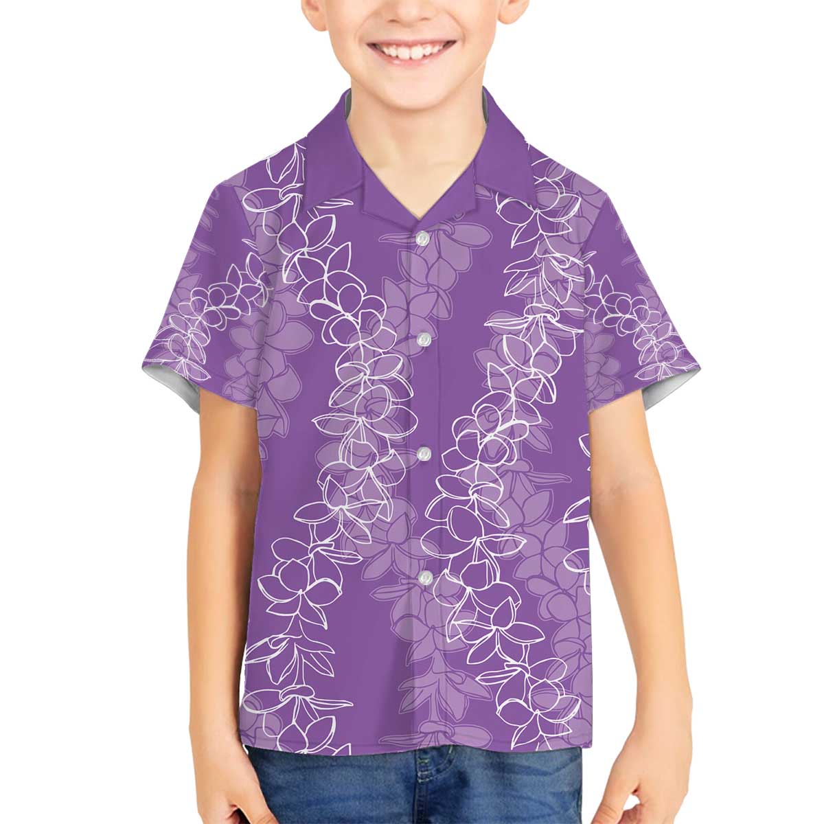 Hawaii Plumeria Lei Family Matching Off The Shoulder Long Sleeve Dress and Hawaiian Shirt Aloha Festive Vibe - Violet LT7 Son's Shirt Violet - Polynesian Pride