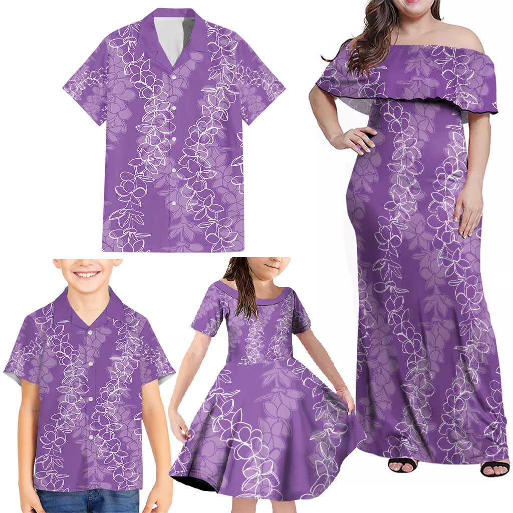 Hawaii Plumeria Lei Family Matching Off Shoulder Maxi Dress and Hawaiian Shirt Aloha Festive Vibe - Violet LT7 - Polynesian Pride