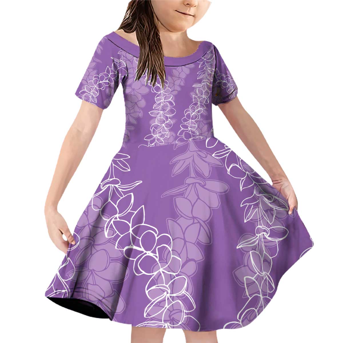 Hawaii Plumeria Lei Family Matching Off Shoulder Short Dress and Hawaiian Shirt Aloha Festive Vibe - Violet LT7 Daughter's Dress Violet - Polynesian Pride