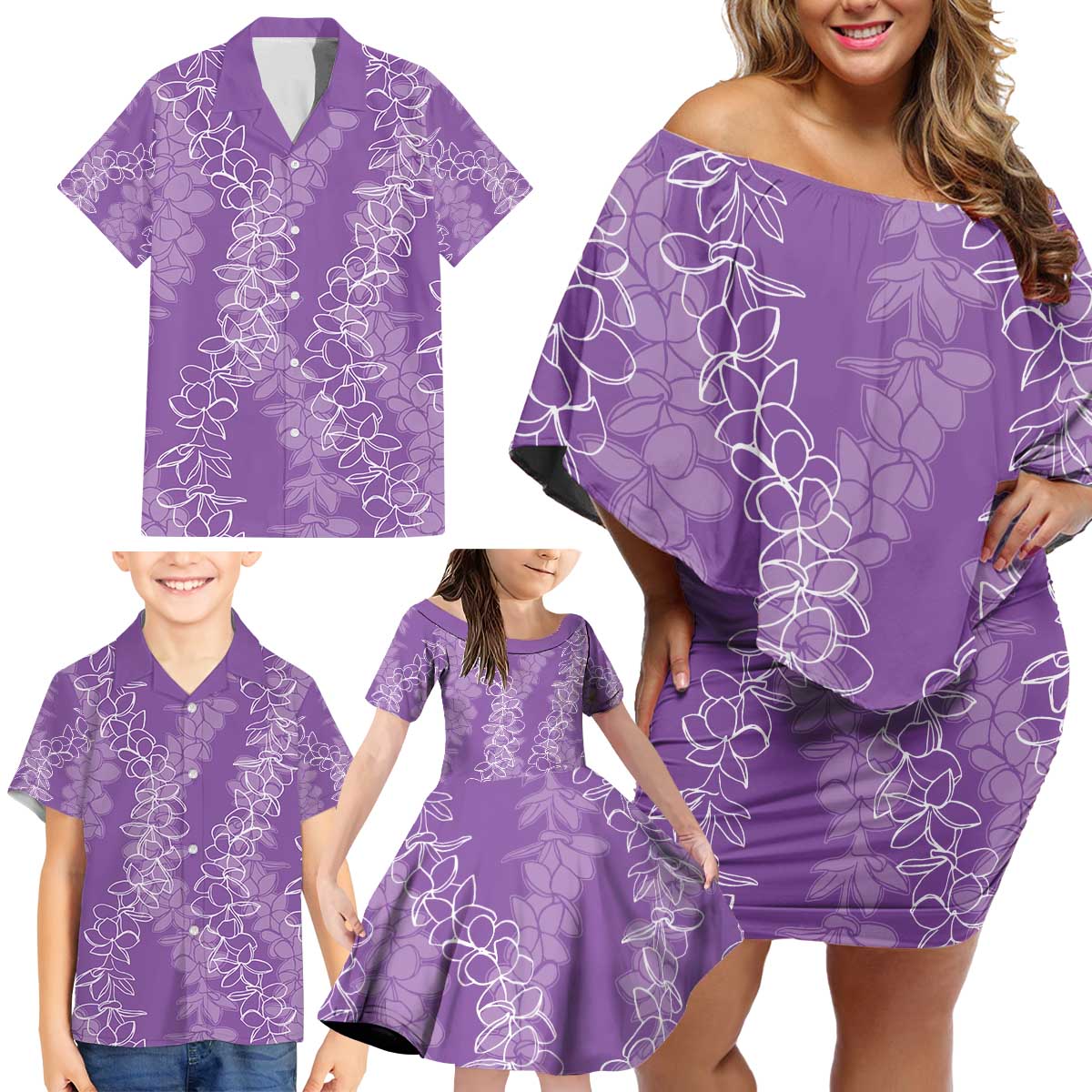 Hawaii Plumeria Lei Family Matching Off Shoulder Short Dress and Hawaiian Shirt Aloha Festive Vibe - Violet LT7 - Polynesian Pride