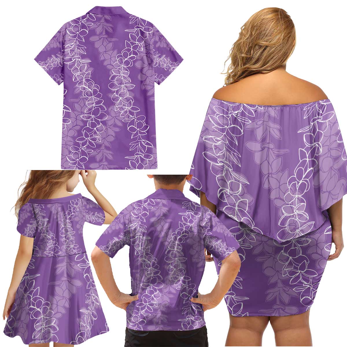 Hawaii Plumeria Lei Family Matching Off Shoulder Short Dress and Hawaiian Shirt Aloha Festive Vibe - Violet LT7 - Polynesian Pride
