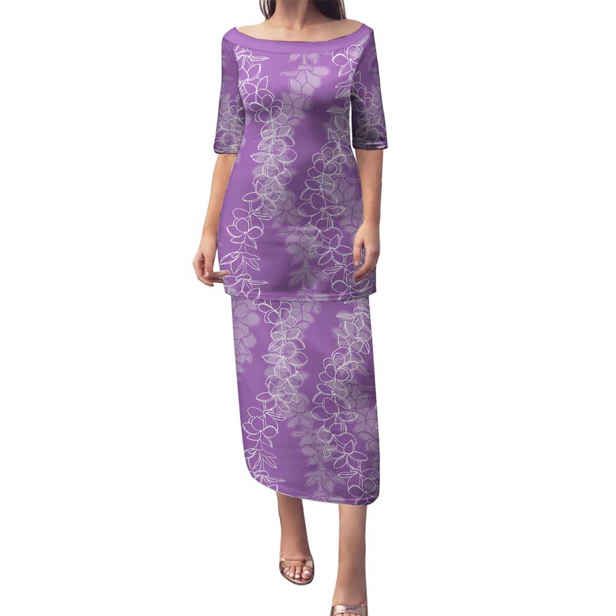 Hawaii Plumeria Lei Family Matching Puletasi and Hawaiian Shirt Aloha Festive Vibe - Violet LT7 Mom's Dress Violet - Polynesian Pride