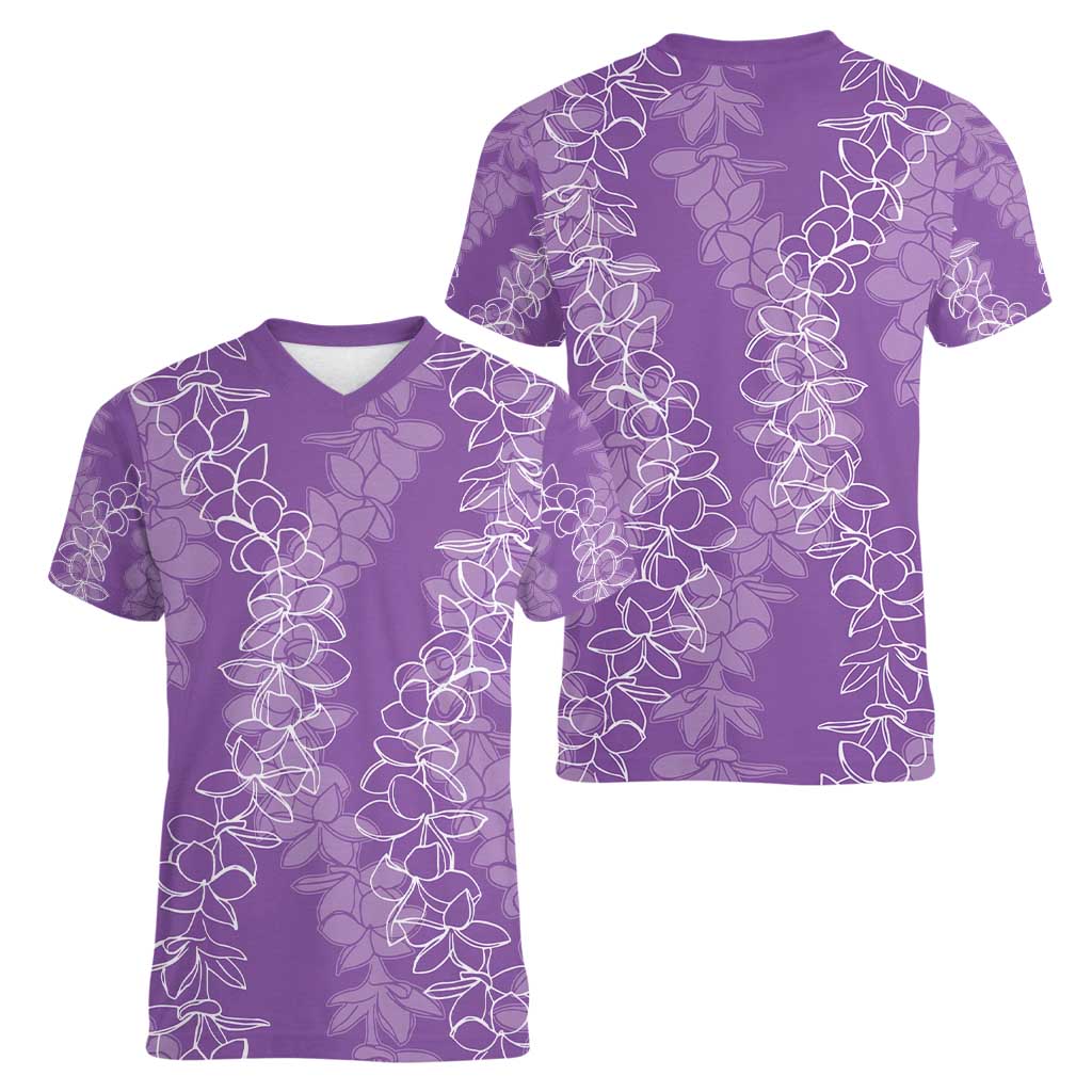 Hawaii Plumeria Lei Women V-Neck T-Shirt Aloha Festive Vibe - Violet