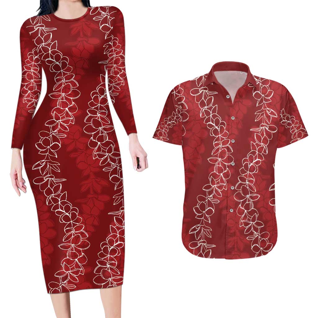 Hawaii Plumeria Lei Couples Matching Long Sleeve Bodycon Dress and Hawaiian Shirt Aloha Festive Vibe - Crimson LT7 Crimson - Polynesian Pride