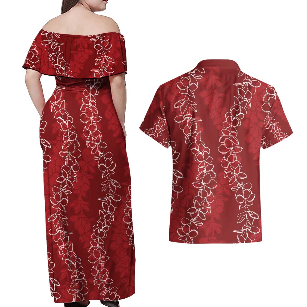 Hawaii Plumeria Lei Couples Matching Off Shoulder Maxi Dress and Hawaiian Shirt Aloha Festive Vibe - Crimson