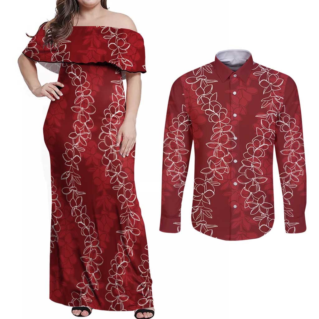 Hawaii Plumeria Lei Couples Matching Off Shoulder Maxi Dress and Long Sleeve Button Shirt Aloha Festive Vibe - Crimson
