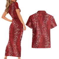 Hawaii Plumeria Lei Couples Matching Short Sleeve Bodycon Dress and Hawaiian Shirt Aloha Festive Vibe - Crimson LT7 - Polynesian Pride
