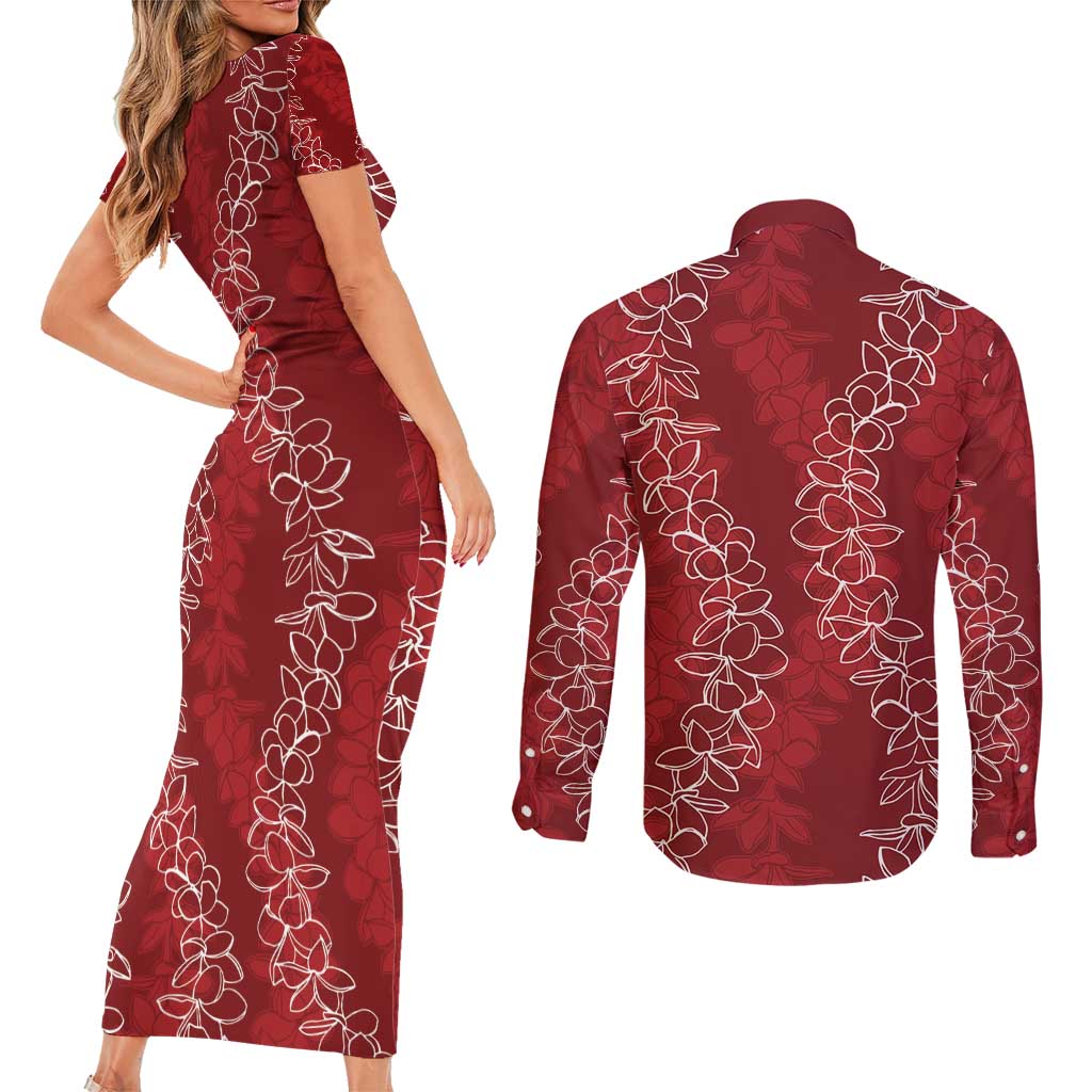 Hawaii Plumeria Lei Couples Matching Short Sleeve Bodycon Dress and Long Sleeve Button Shirt Aloha Festive Vibe - Crimson