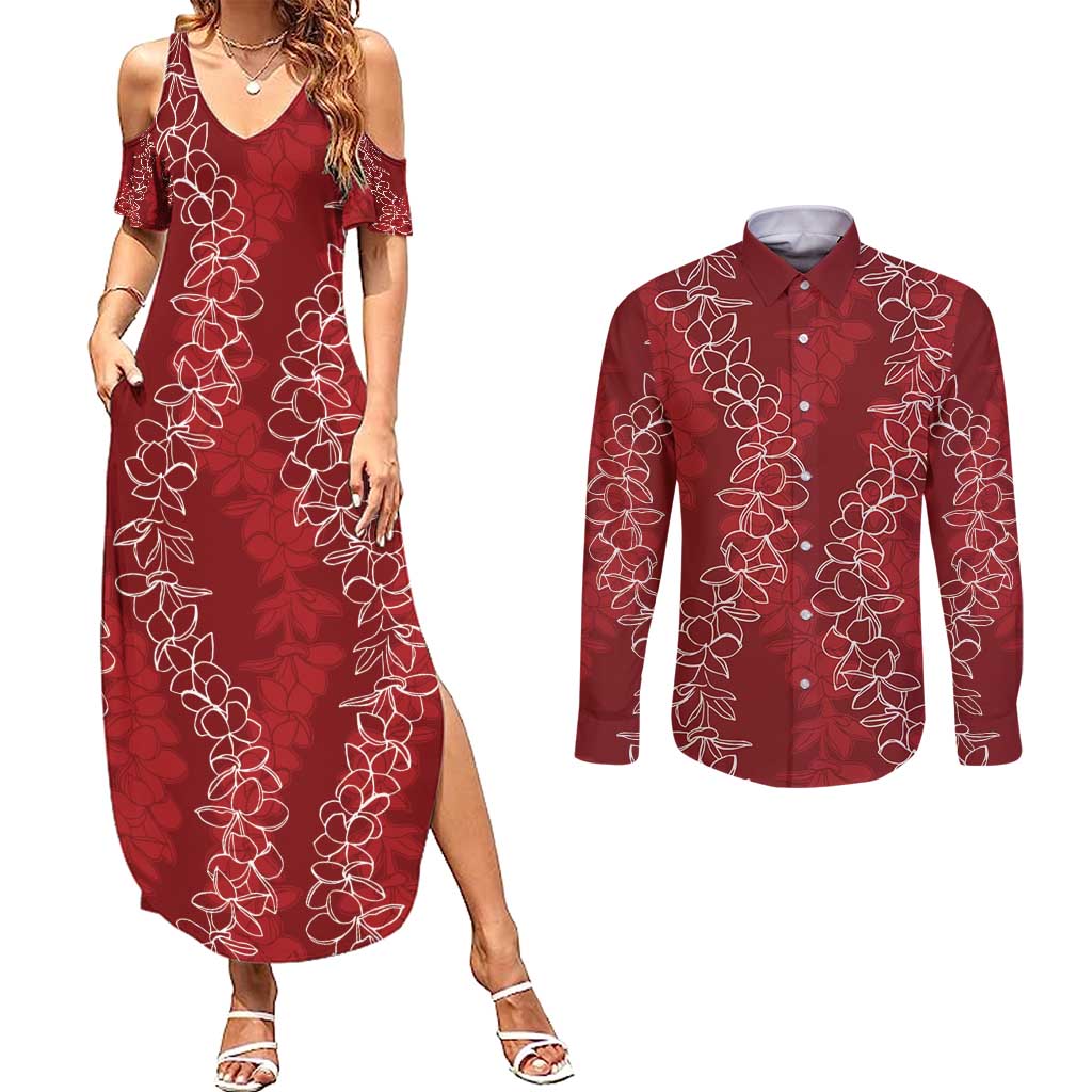 Hawaii Plumeria Lei Couples Matching Summer Maxi Dress and Long Sleeve Button Shirt Aloha Festive Vibe - Crimson