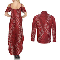 Hawaii Plumeria Lei Couples Matching Summer Maxi Dress and Long Sleeve Button Shirt Aloha Festive Vibe - Crimson