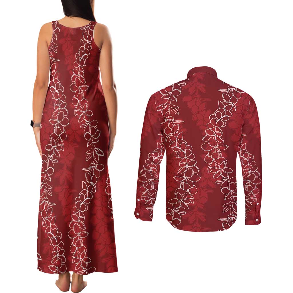 Hawaii Plumeria Lei Couples Matching Tank Maxi Dress and Long Sleeve Button Shirt Aloha Festive Vibe - Crimson LT7 - Polynesian Pride