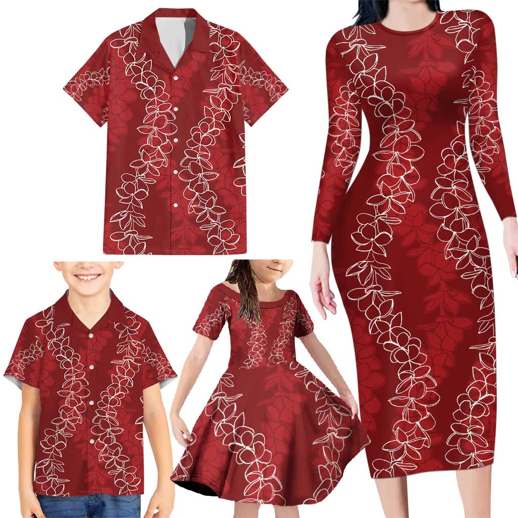 Hawaii Plumeria Lei Family Matching Long Sleeve Bodycon Dress and Hawaiian Shirt Aloha Festive Vibe - Crimson LT7 - Polynesian Pride
