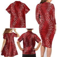 Hawaii Plumeria Lei Family Matching Long Sleeve Bodycon Dress and Hawaiian Shirt Aloha Festive Vibe - Crimson LT7 - Polynesian Pride