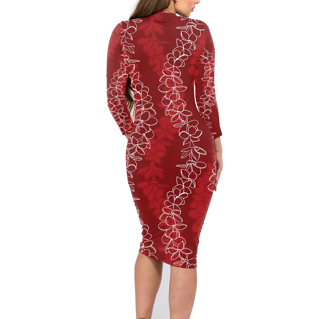 Hawaii Plumeria Lei Family Matching Long Sleeve Bodycon Dress and Hawaiian Shirt Aloha Festive Vibe - Crimson LT7 - Polynesian Pride
