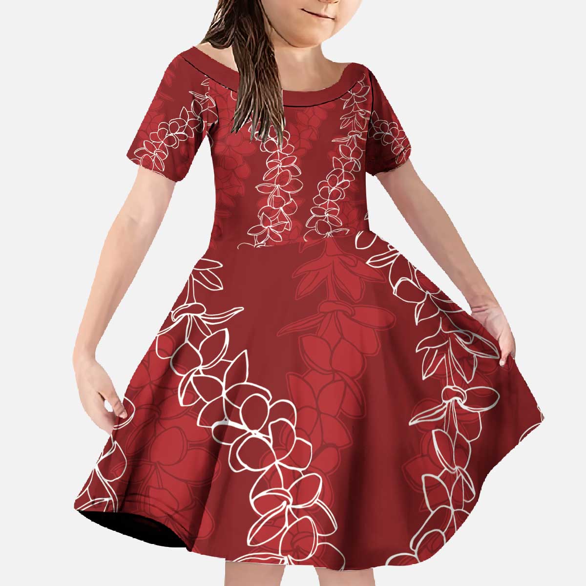 Hawaii Plumeria Lei Family Matching Off The Shoulder Long Sleeve Dress and Hawaiian Shirt Aloha Festive Vibe - Crimson LT7 Daughter's Dress Crimson - Polynesian Pride