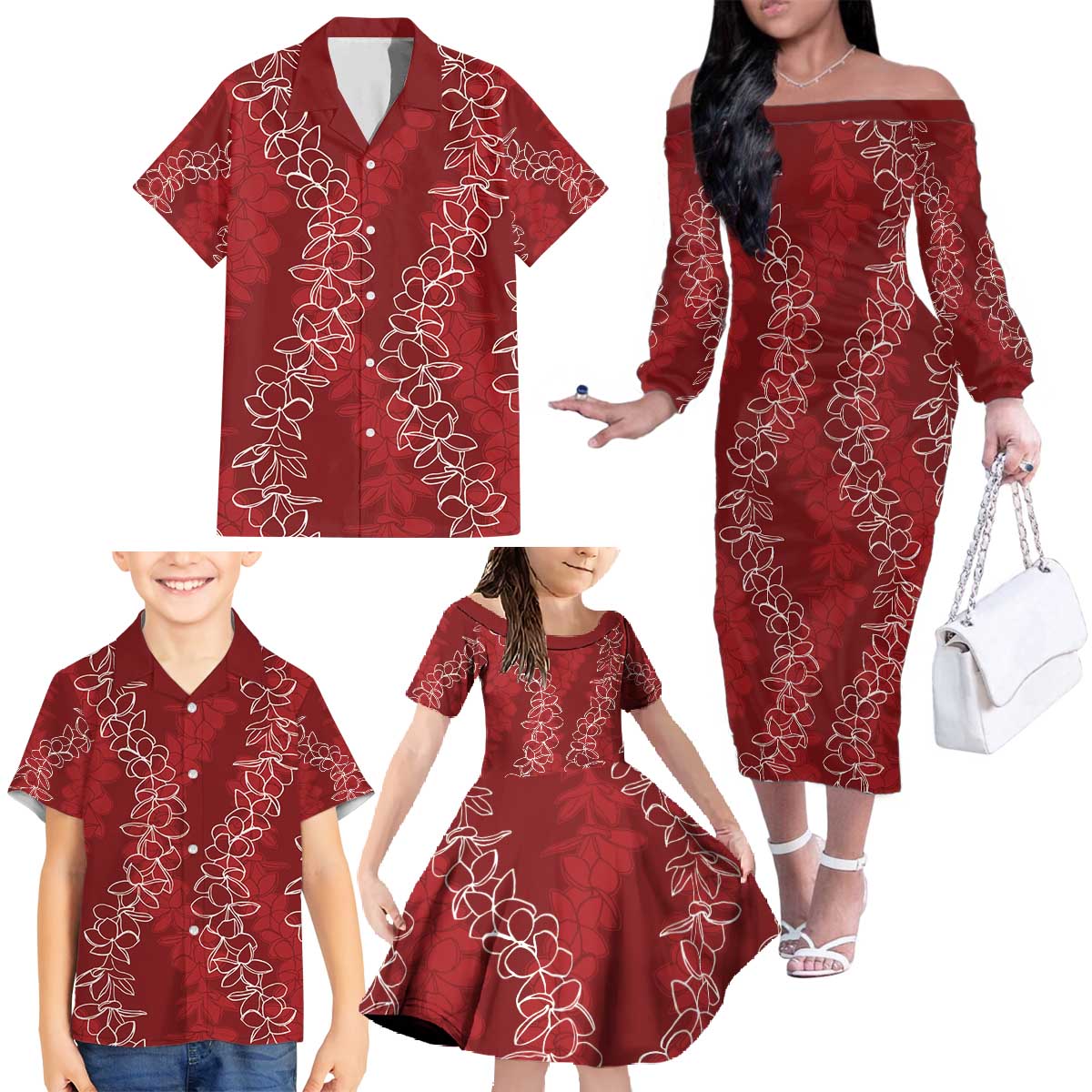 Hawaii Plumeria Lei Family Matching Off The Shoulder Long Sleeve Dress and Hawaiian Shirt Aloha Festive Vibe - Crimson LT7 - Polynesian Pride