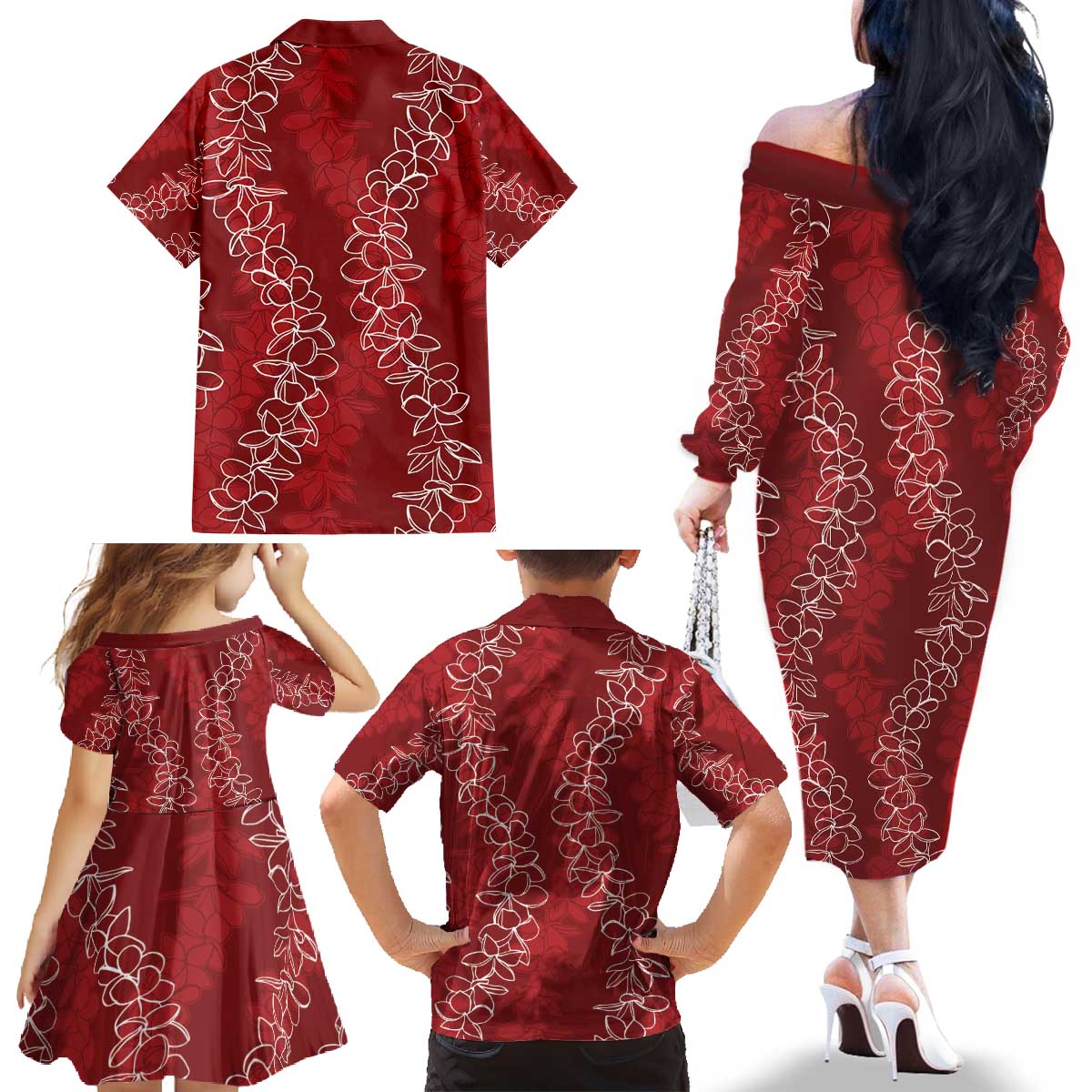 Hawaii Plumeria Lei Family Matching Off The Shoulder Long Sleeve Dress and Hawaiian Shirt Aloha Festive Vibe - Crimson LT7 - Polynesian Pride