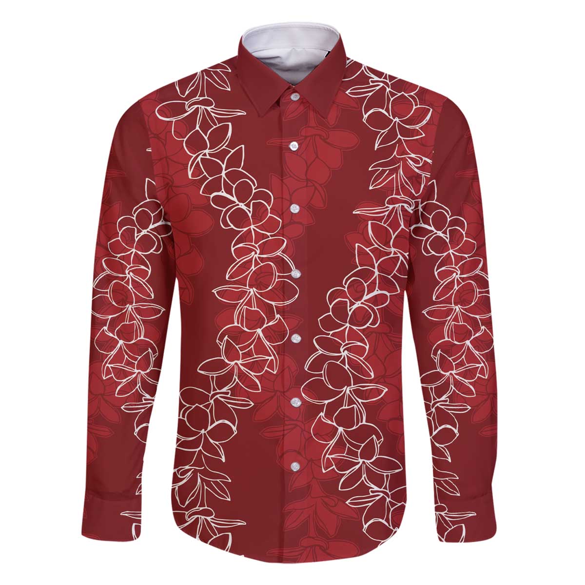 Hawaii Plumeria Lei Family Matching Off The Shoulder Long Sleeve Dress and Hawaiian Shirt Aloha Festive Vibe - Crimson LT7 Dad's Shirt - Long Sleeve Crimson - Polynesian Pride
