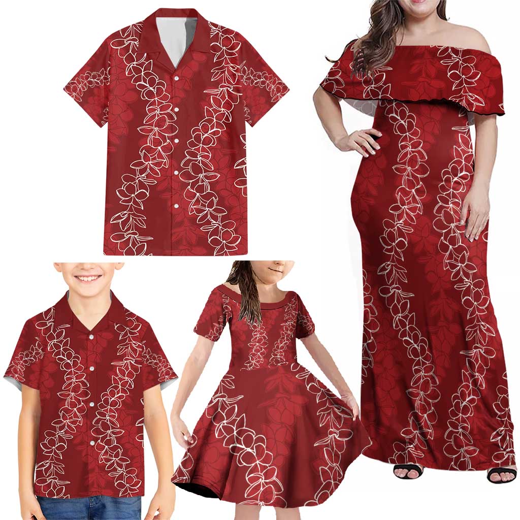 Hawaii Plumeria Lei Family Matching Off Shoulder Maxi Dress and Hawaiian Shirt Aloha Festive Vibe - Crimson LT7 - Polynesian Pride