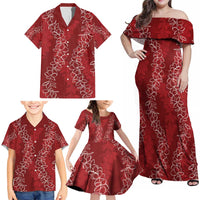 Hawaii Plumeria Lei Family Matching Off Shoulder Maxi Dress and Hawaiian Shirt Aloha Festive Vibe - Crimson LT7 - Polynesian Pride