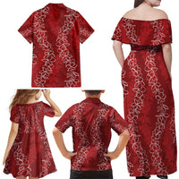 Hawaii Plumeria Lei Family Matching Off Shoulder Maxi Dress and Hawaiian Shirt Aloha Festive Vibe - Crimson LT7 - Polynesian Pride