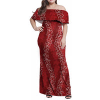 Hawaii Plumeria Lei Family Matching Off Shoulder Maxi Dress and Hawaiian Shirt Aloha Festive Vibe - Crimson LT7 Mom's Dress Crimson - Polynesian Pride