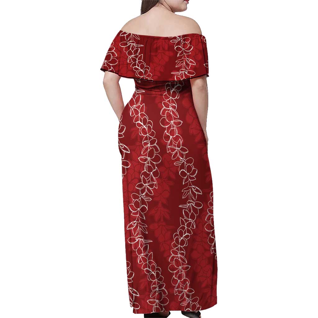 Hawaii Plumeria Lei Family Matching Off Shoulder Maxi Dress and Hawaiian Shirt Aloha Festive Vibe - Crimson LT7 - Polynesian Pride