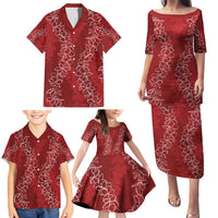 Hawaii Plumeria Lei Family Matching Puletasi and Hawaiian Shirt Aloha Festive Vibe - Crimson LT7 - Polynesian Pride