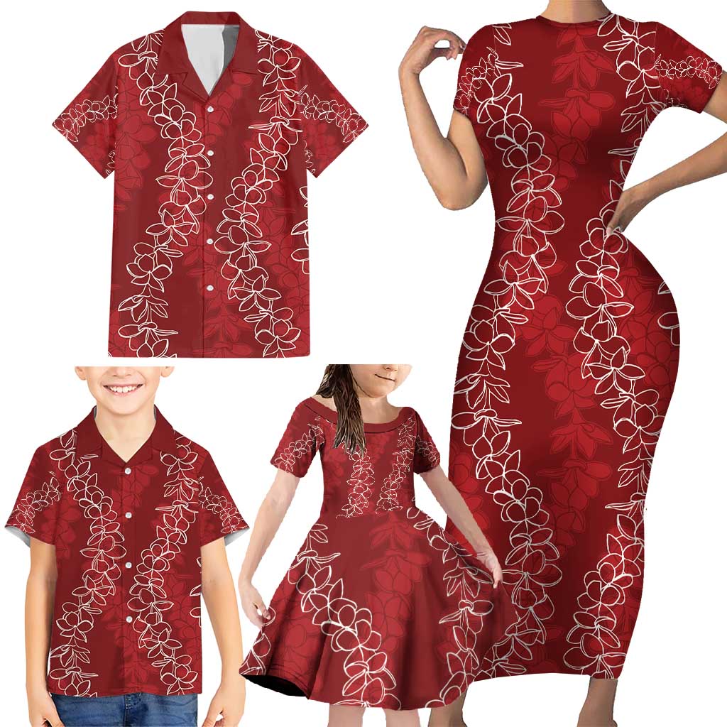 Hawaii Plumeria Lei Family Matching Short Sleeve Bodycon Dress and Hawaiian Shirt Aloha Festive Vibe - Crimson LT7 - Polynesian Pride