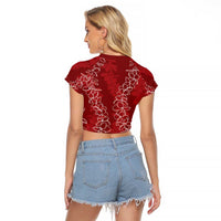 Hawaii Plumeria Lei Raglan Cropped T Shirt Aloha Festive Vibe - Crimson
