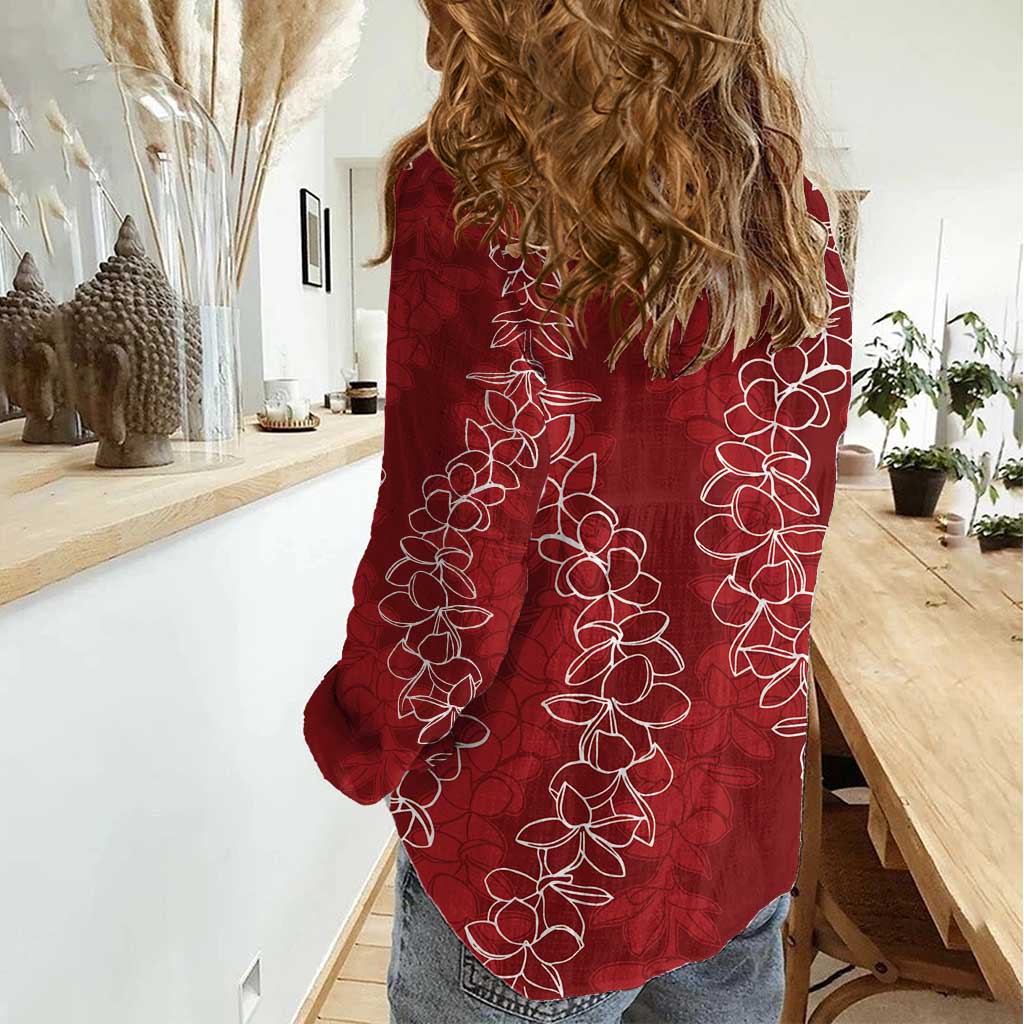 Hawaii Plumeria Lei Women Casual Shirt Aloha Festive Vibe - Crimson