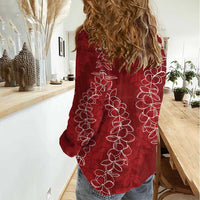 Hawaii Plumeria Lei Women Casual Shirt Aloha Festive Vibe - Crimson