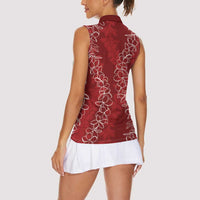 Hawaii Plumeria Lei Women Sleeveless Polo Shirt Aloha Festive Vibe - Crimson