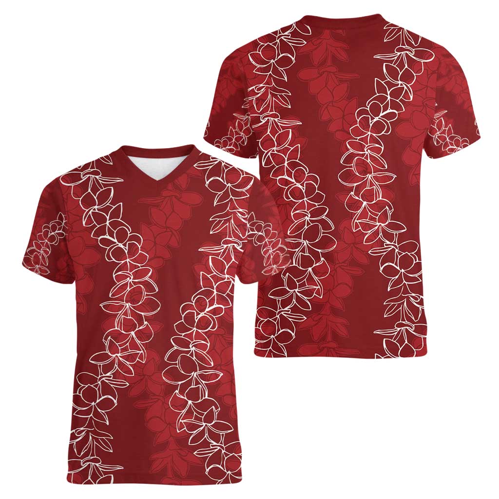 Hawaii Plumeria Lei Women V-Neck T-Shirt Aloha Festive Vibe - Crimson