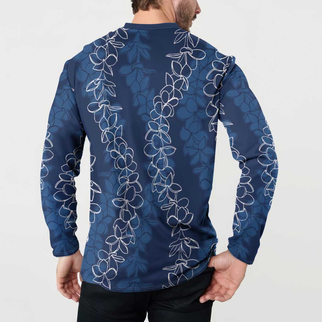 Hawaii Plumeria Lei Button Sweatshirt Aloha Festive Vibe - Navy Blue