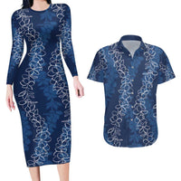Hawaii Plumeria Lei Couples Matching Long Sleeve Bodycon Dress and Hawaiian Shirt Aloha Festive Vibe - Navy Blue LT7 Navy Blue - Polynesian Pride