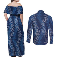 Hawaii Plumeria Lei Couples Matching Off Shoulder Maxi Dress and Long Sleeve Button Shirt Aloha Festive Vibe - Navy Blue